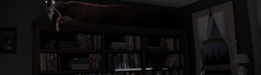Image of a glowing goat sitting on top of a bookcase at night