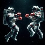 DALL·E 2024-06-02 17.37.07 – Two astronauts floating in space at a medium distance, wearing realistic space suits and red boxing gloves. They are engaged in a boxing match with ea