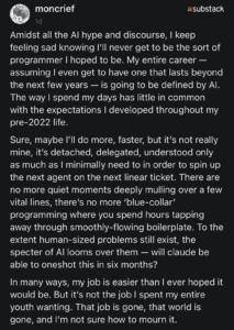 screenshot of a software engineers rant about losing the flow state features of his work