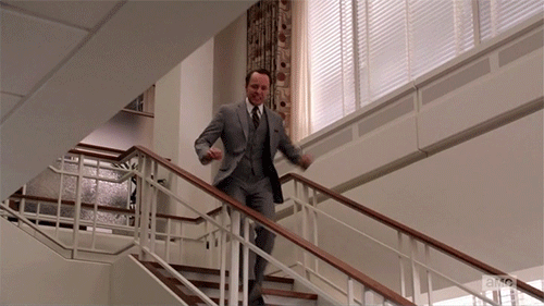 Pete Campbell trips down a flight of stairs