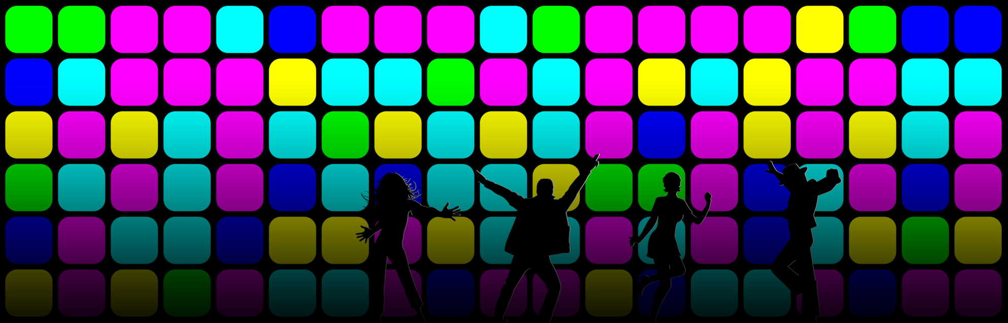 silhouettes of people dancing against a background of colored squares